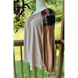 Easel Boho Patchwork Balloon Sleeve Top Small
